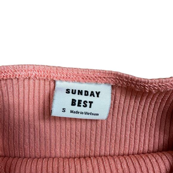 SUNDAY BEST Salmon Pink Ribbed Knit Crop Tank Top Ruffle Straps Size Small - Picture 3 of 5